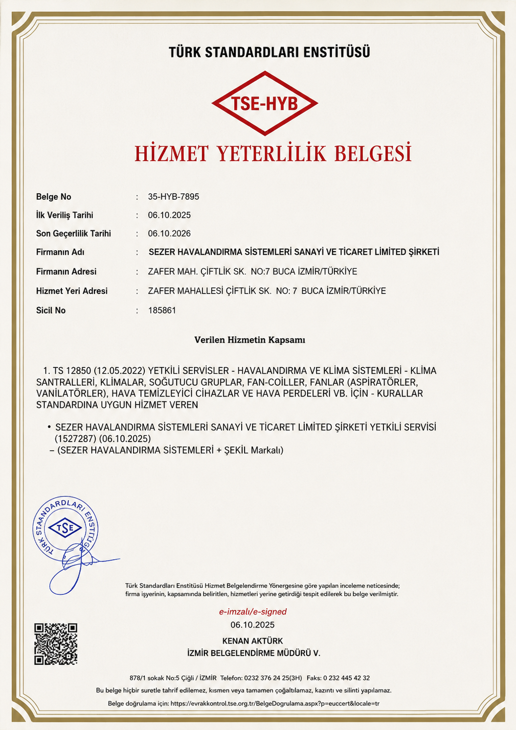 TSE-HYB Hizmet Yeterlilik Belgesi
